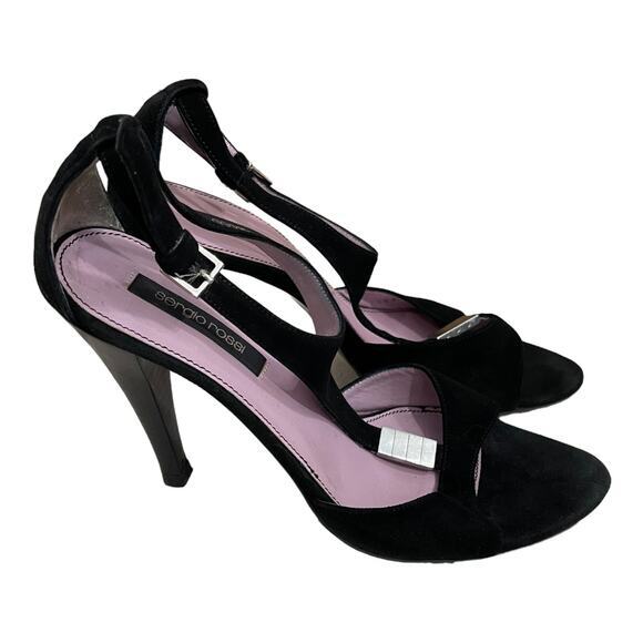 Sergio Rossi Black Suede Heels Size EU‎ 38 Made in Italy Open Toe - Picture 1 of 9